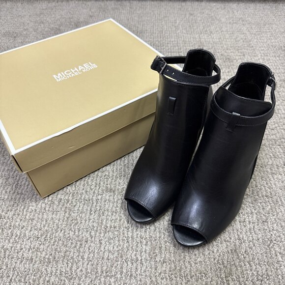 Michael Kors Heels Lawson Open Toe Black Leather Women's Size 7 New - Picture 1 of 13